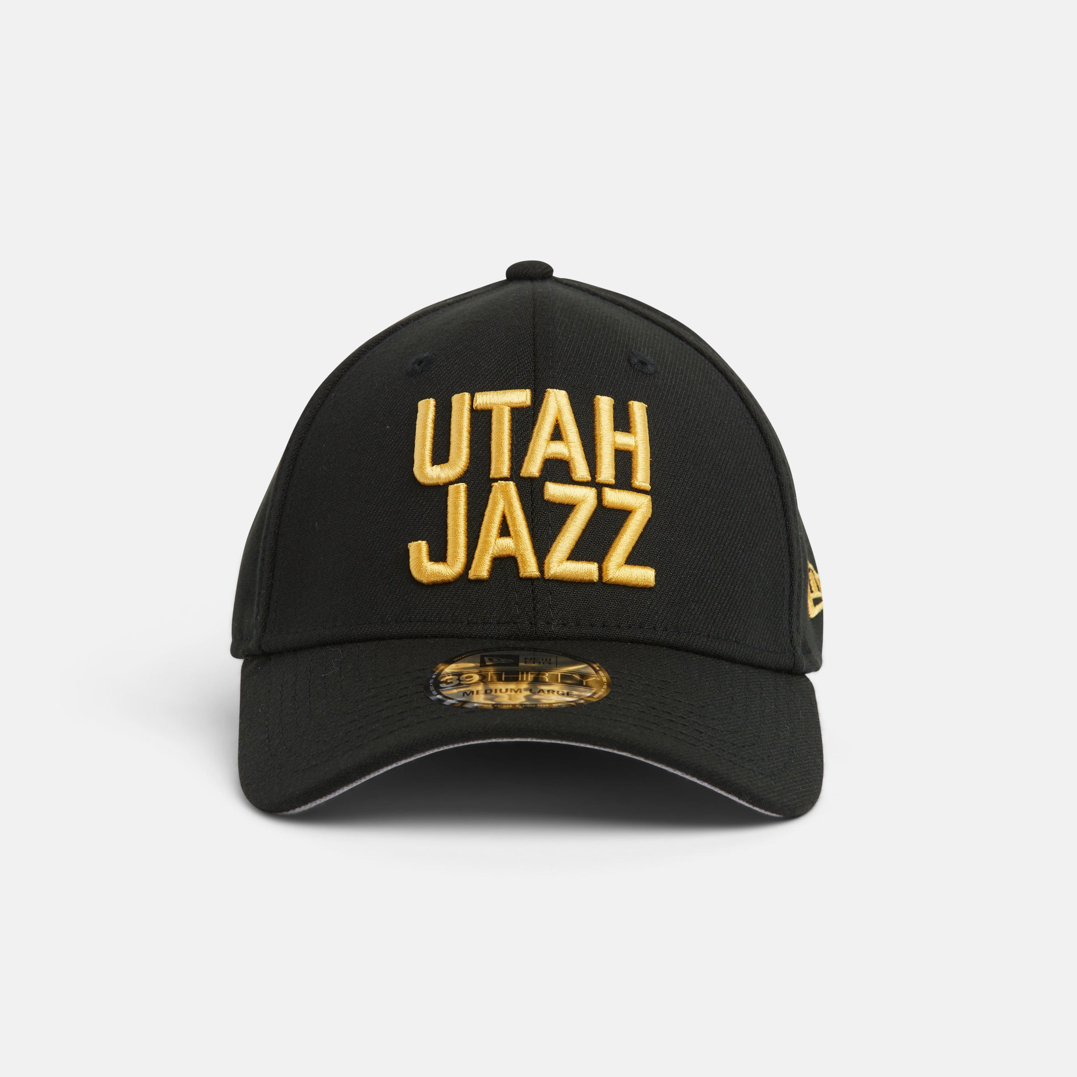 Front black 3930 with yellow stacked Utah Jazz wordmark logo.